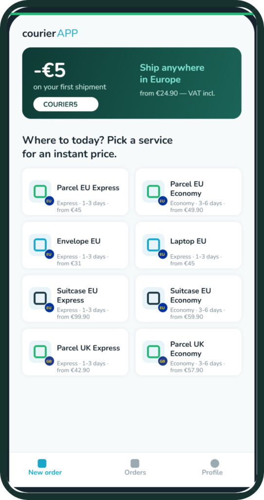 CourierAPP app — instant prices for parcels from Greece