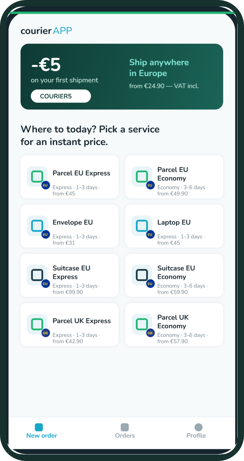 CourierAPP app — instant prices for parcels from Greece