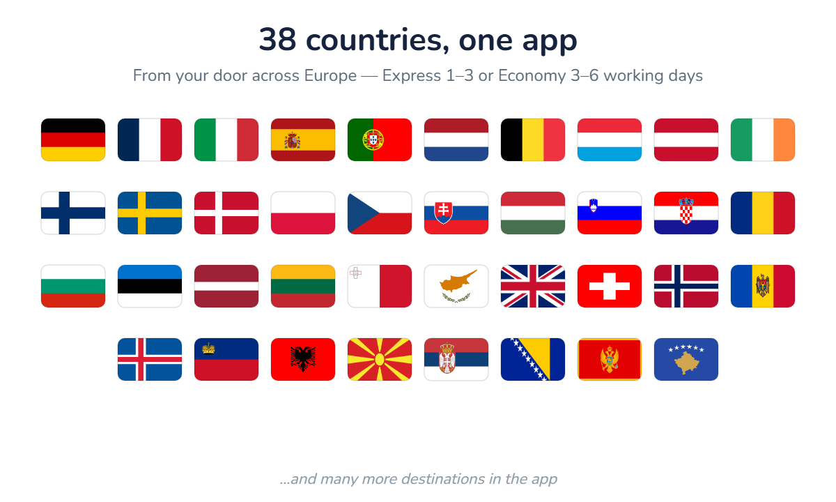 International shipping rates from Greece — 38 destinations, one app
