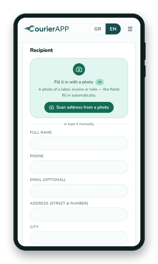 AI address fill from a photo — CourierAPP web app on mobile