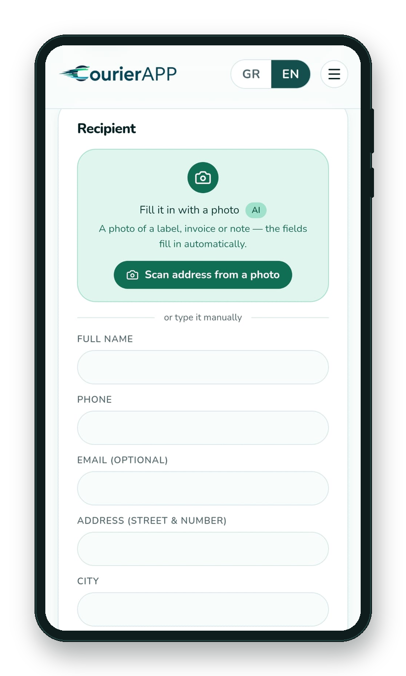 AI address fill from a photo — CourierAPP web app on mobile