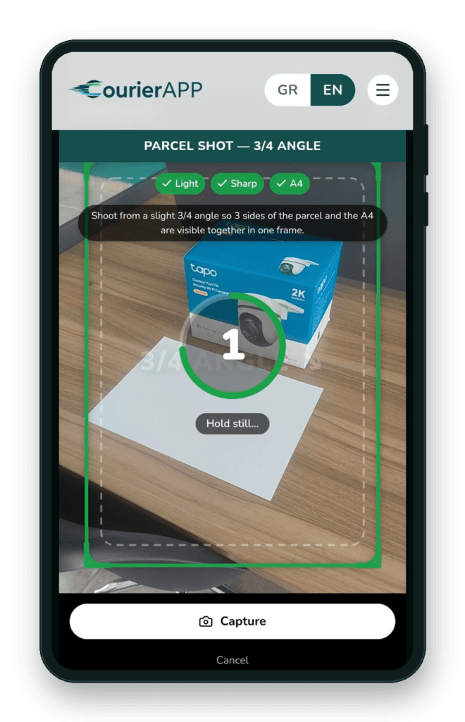 AI parcel measurement with an A4 sheet and green frame — CourierAPP web app on mobile