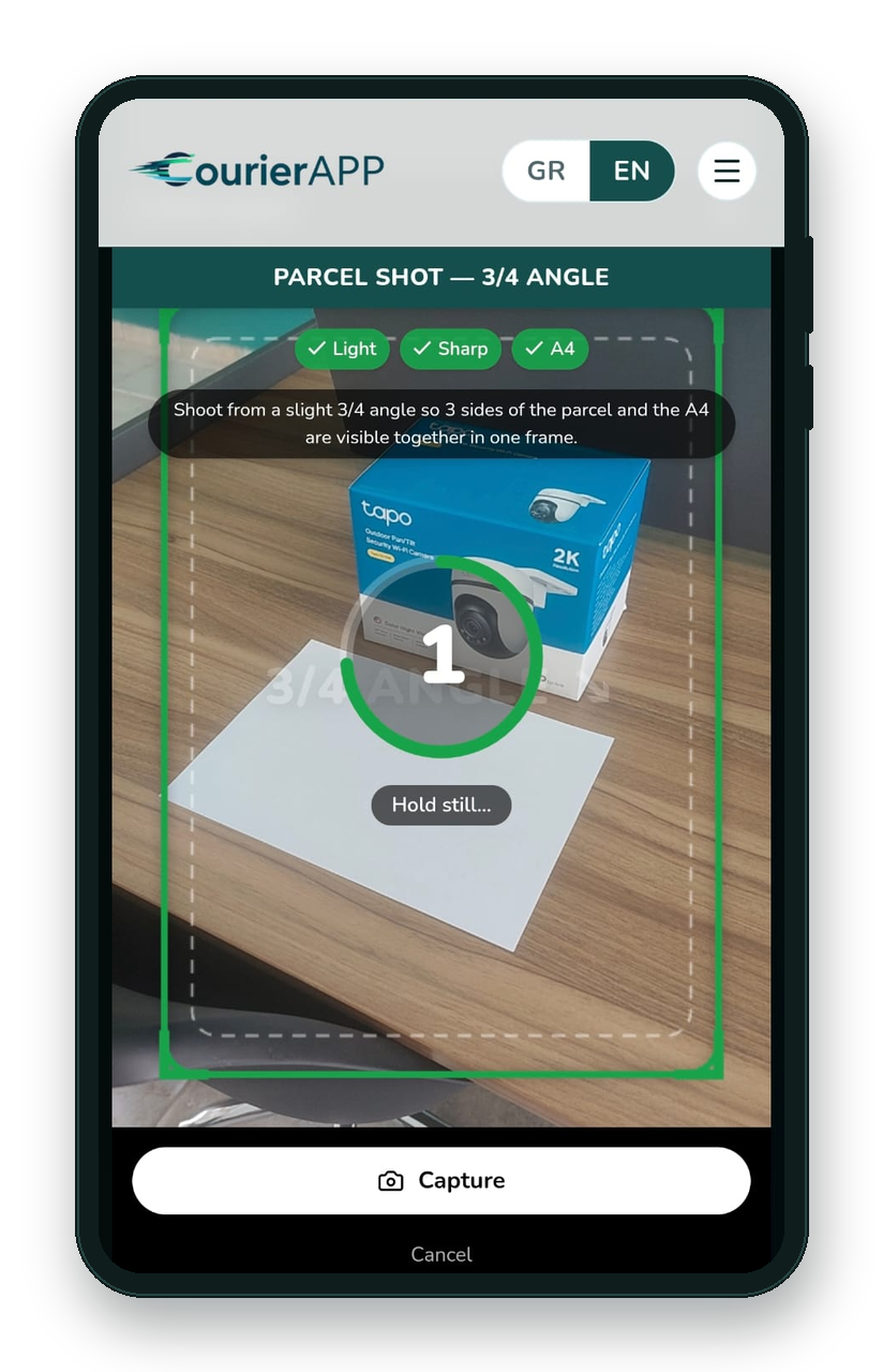 AI parcel measurement with an A4 sheet and green frame — CourierAPP web app on mobile