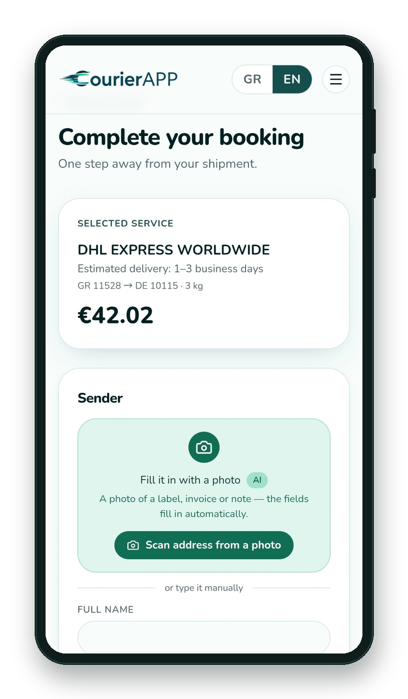Shipping from Greece to the Netherlands with the CourierAPP app — final price with VAT