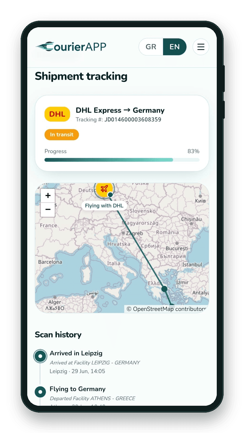 real-time parcel tracking on a map — CourierAPP web app on mobile