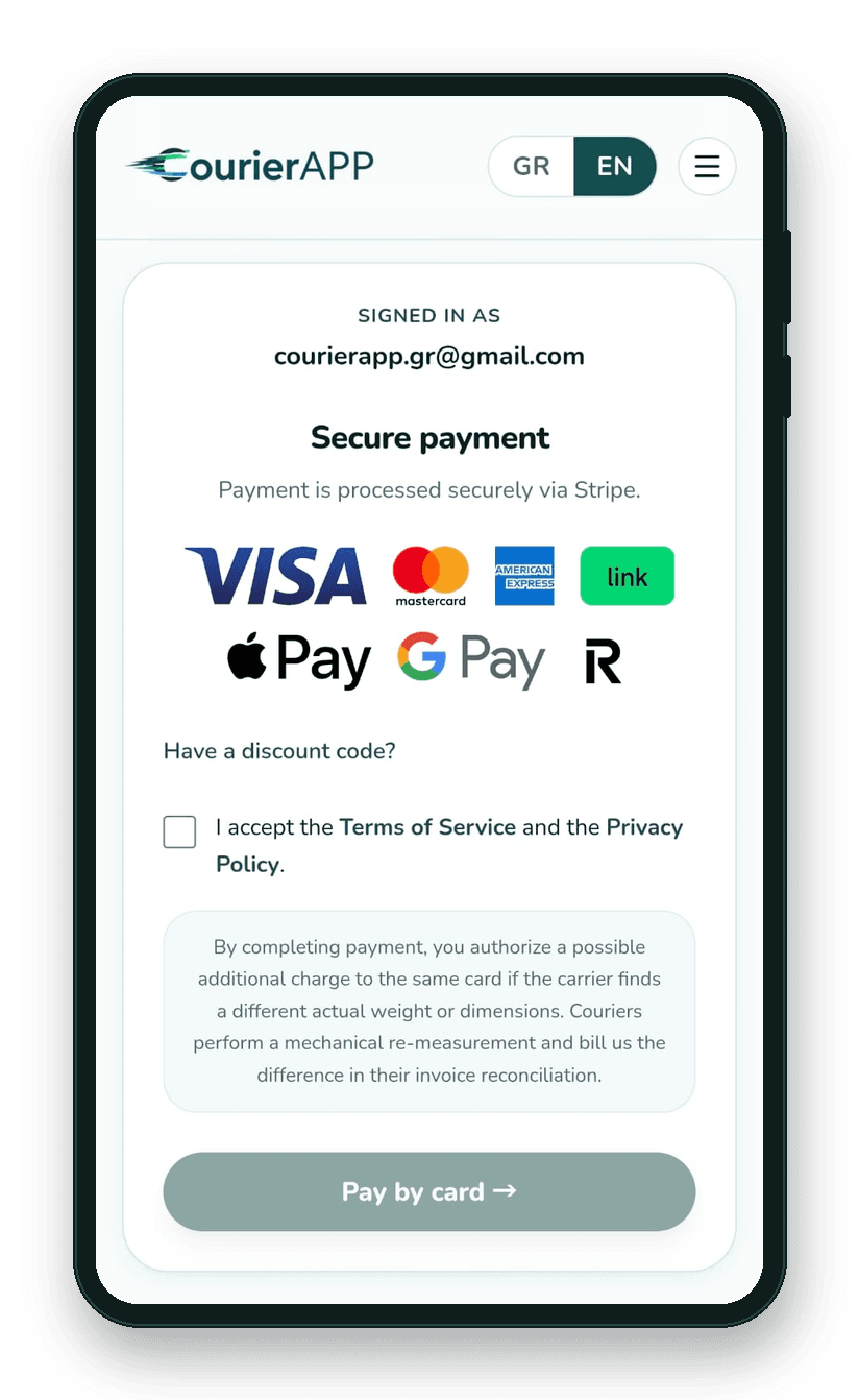 secure payment via Stripe — Visa, Mastercard, Amex, Apple Pay, Google Pay — CourierAPP