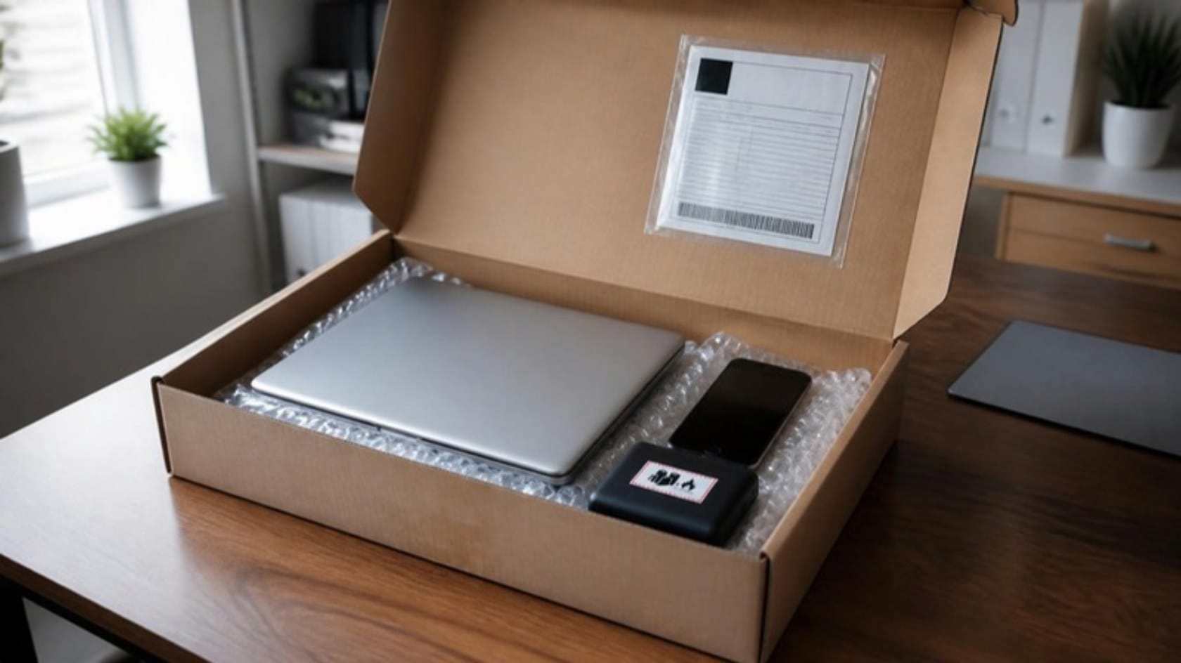 Laptop, Mobiltelefon und Powerbank neben einer Versandverpackung