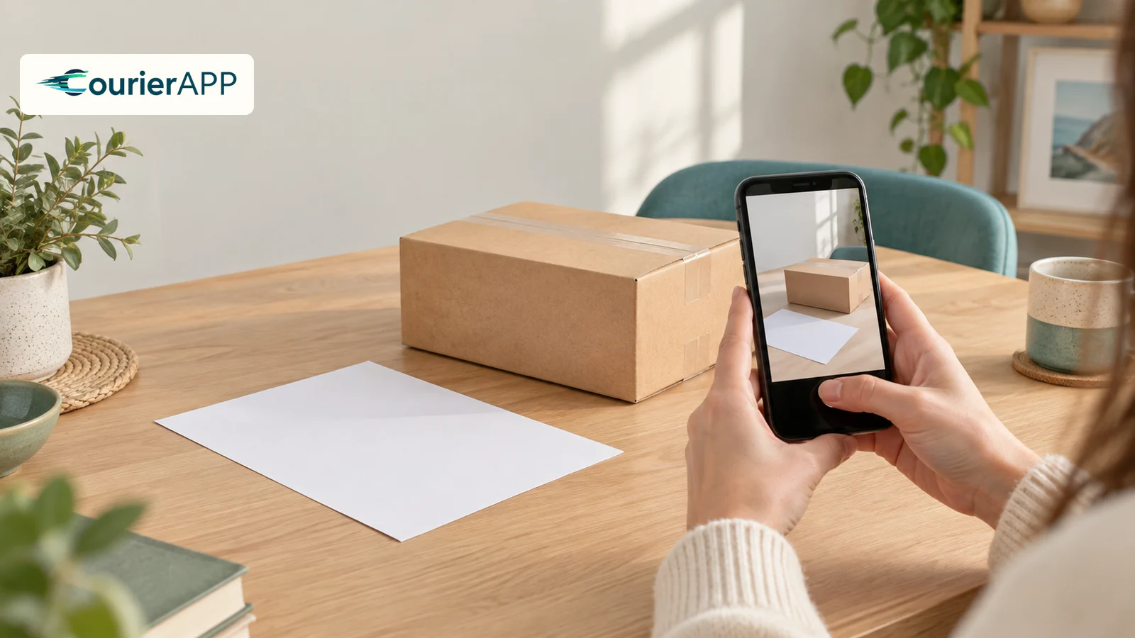 Symbolbild eines verschlossenen Pakets zur Versandvorbereitung mit Smartphone und A4-Blatt.