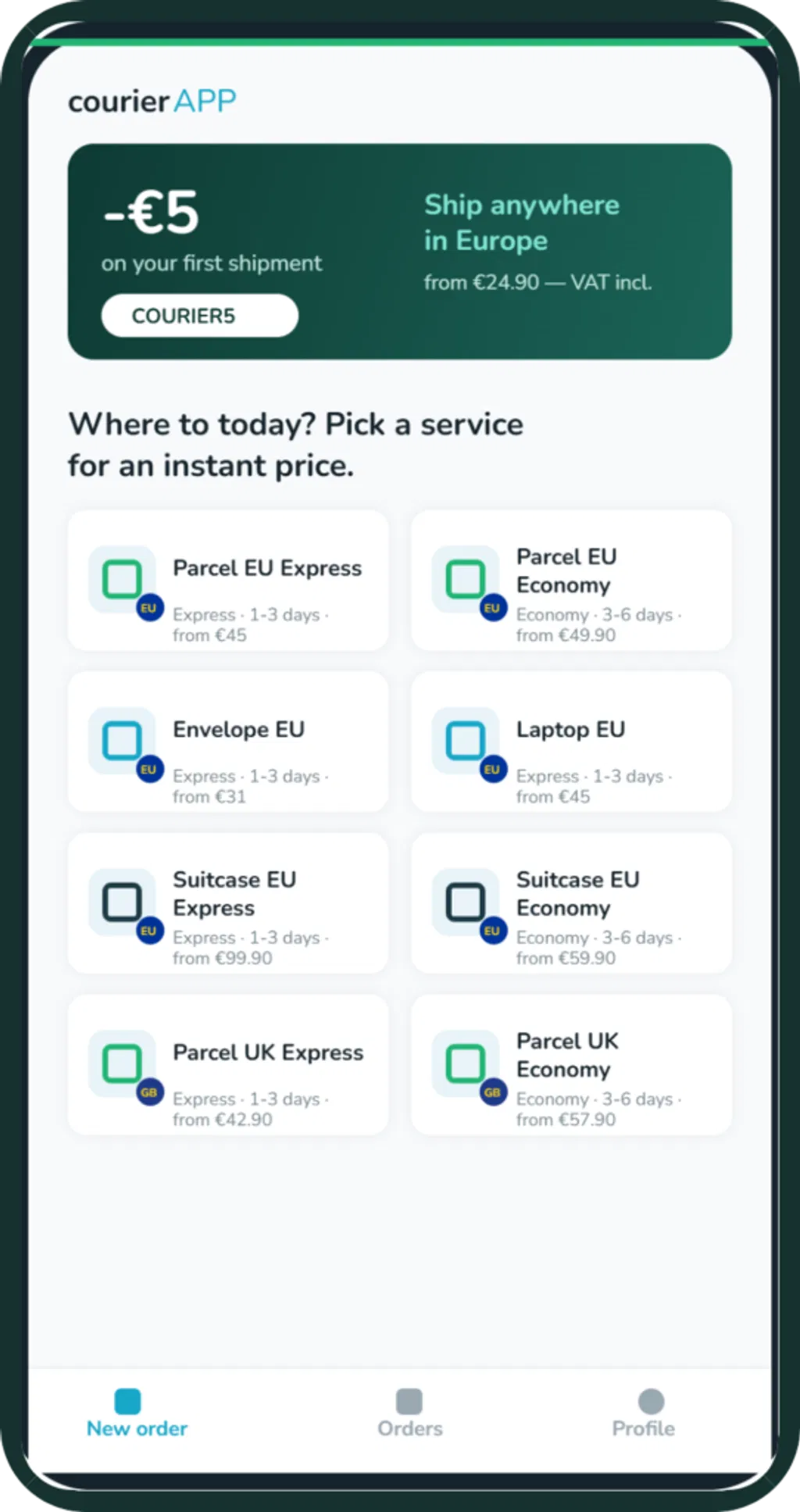 Auswahl der Dienstleistungen über die CourierAPP-Plattform
